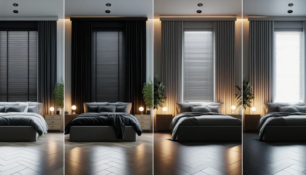 Fotografía macro detallada y hiperrealista de una habitación moderna dividida en dos secciones, una con cortinas black-out y la otra con persianas, mostrando una comparativa visual en un entorno elegante y bien iluminado con muebles modernos y decoración minimalista