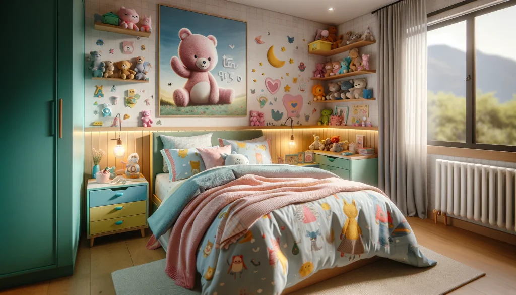 Fotografía macro detallada y hiperrealista de una cama vestida con sábanas de franela con diseños infantiles, mostrando un dormitorio acogedor y bien iluminado con decoración temática para niños, incluyendo elementos coloridos y amigables como peluches y juguetes