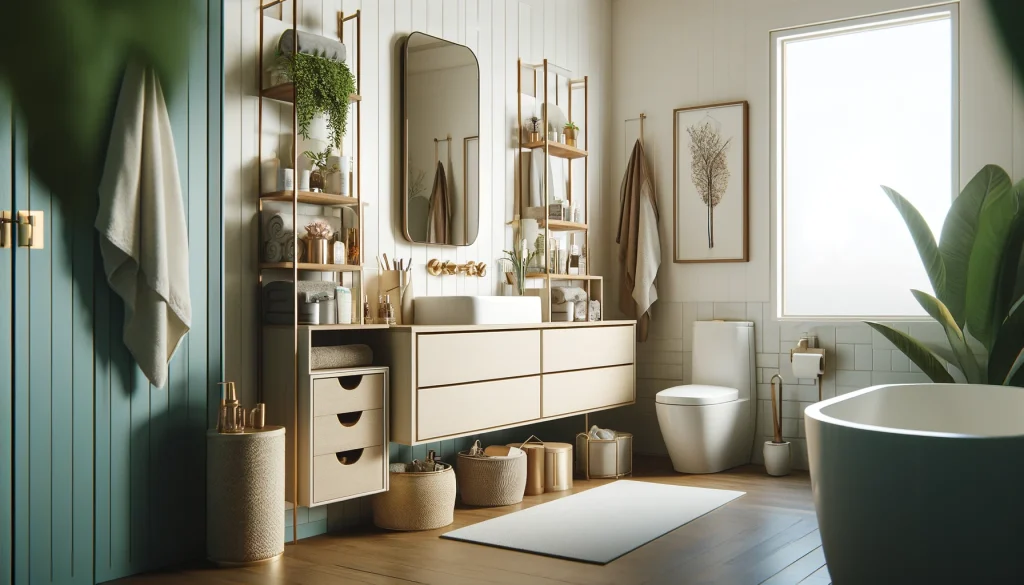 Fotografía macro detallada y hiperrealista de un baño moderno y ordenado, mostrando cinco consejos esenciales para mantenerlo limpio y organizado, con estantes bien organizados, superficies limpias y decoración minimalista con plantas en un entorno elegante y bien iluminado