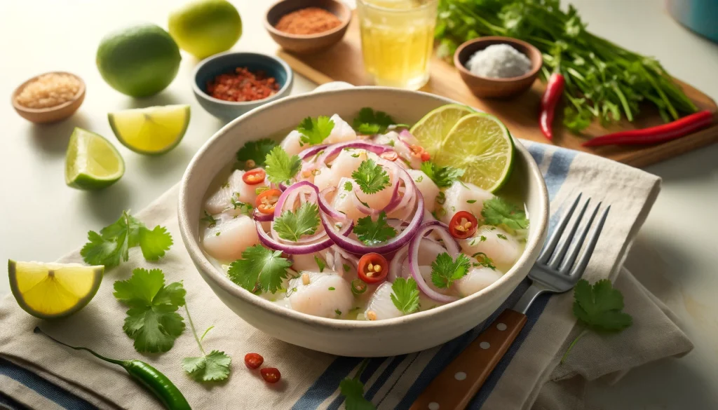 Fotografía macro detallada y hiperrealista de una mesa de cocina con un plato de ceviche de pescado, mostrando pescado blanco fresco, cebolla morada, cilantro, jitomate, chile serrano y jugo de limón, servido en un plato blanco y decorado con rodajas de limón y hojas de cilantro en un entorno limpio y bien iluminado