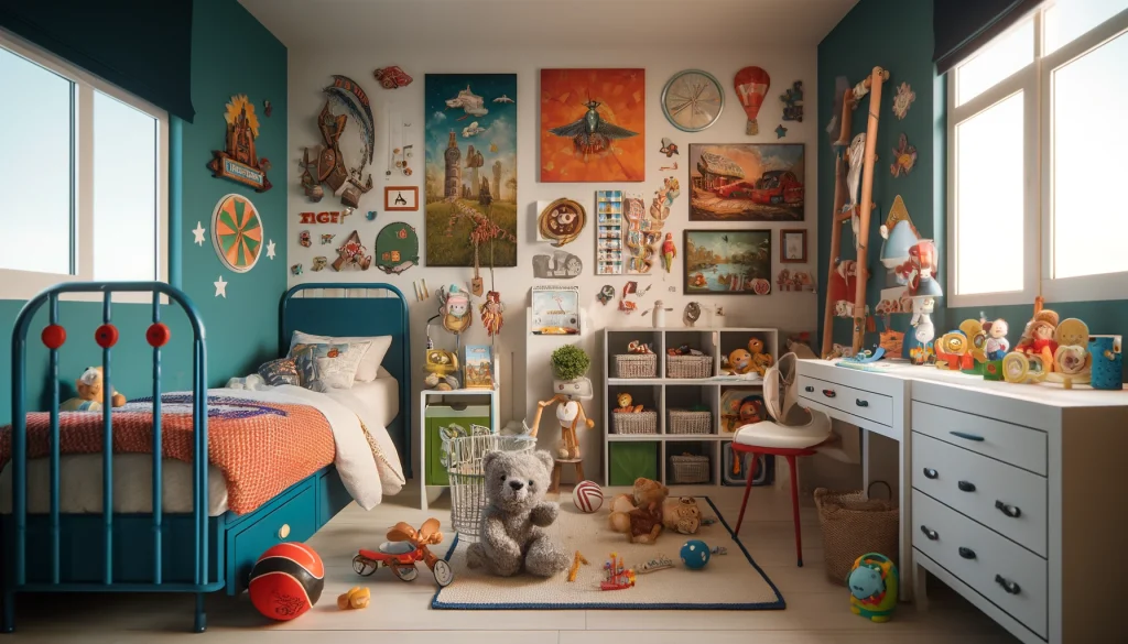 Fotografía macro detallada y hiperrealista de un cuarto infantil decorado de manera creativa y económica, mostrando elementos como pinturas caseras en las paredes, muebles reciclados y personalizados, y juguetes organizados en un entorno colorido y bien iluminado con vinilos decorativos y estantes funcionales.