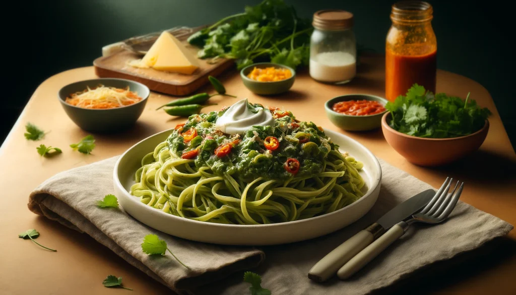 Fotografía macro detallada y hiperrealista de una mesa de cocina con un plato de espagueti verde, mostrando la pasta con salsa de chile poblano y crema, decorado con trozos de queso philadelphia y cilantro fresco en un entorno limpio y bien iluminado