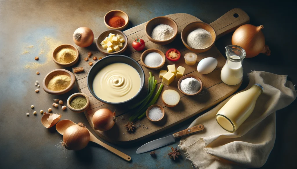 Fotografía macro detallada y hiperrealista de una mesa de cocina con ingredientes para preparar salsa bechamel venezolana, incluyendo leche, mantequilla, harina, cebolla picada, sal, pimienta y nuez moscada, junto con una sartén y una cuchara de madera en un entorno limpio y bien iluminado.